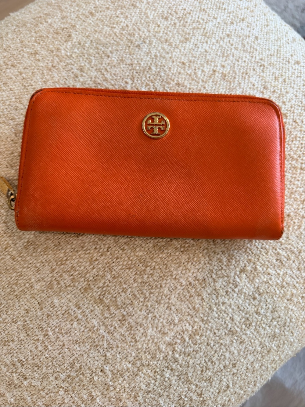 Tory Burch Orange Saffiano Zip-Around Wallet with Gold Logo
